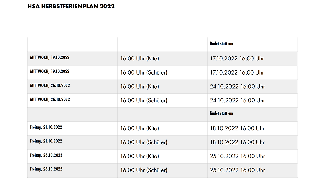 HSA Herbstferienplan 2022